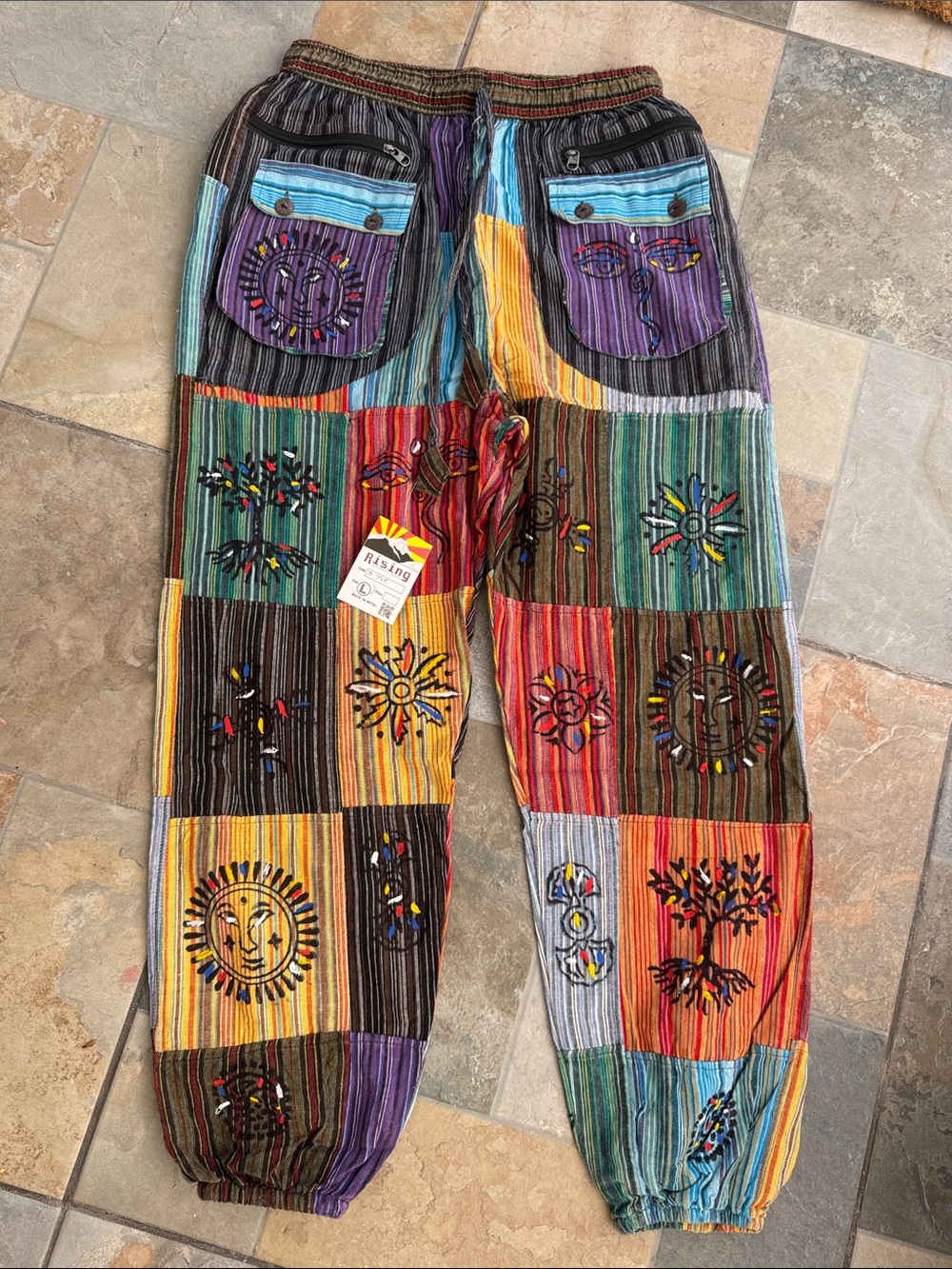 Boho Patchwork Sun Embroidered Men’s Pants - Multi